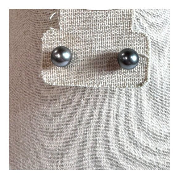 TASAKI 6mm Blue Akoya Pearl Stud Earrings 18K White Gold Vintage Tahitian - Picture 1 of 6